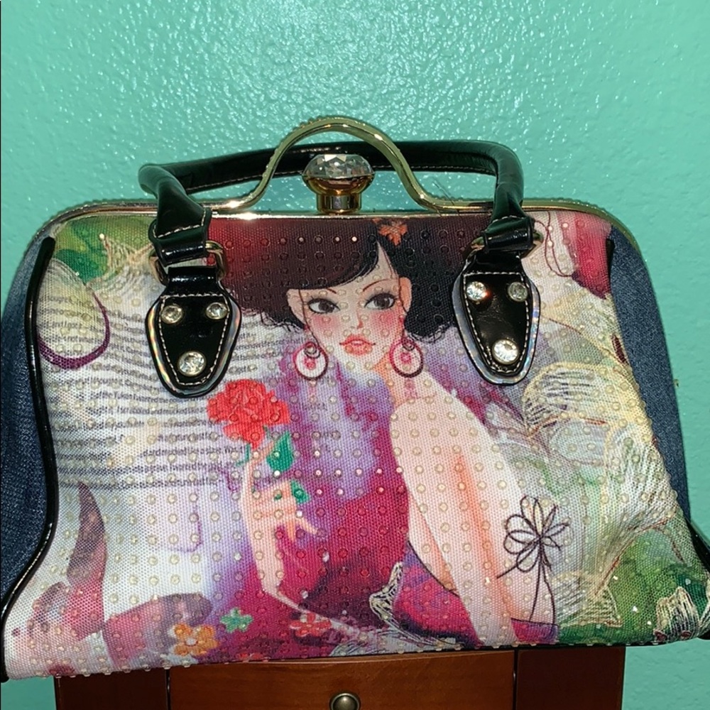 Studded Jean Purse with Carton Girl